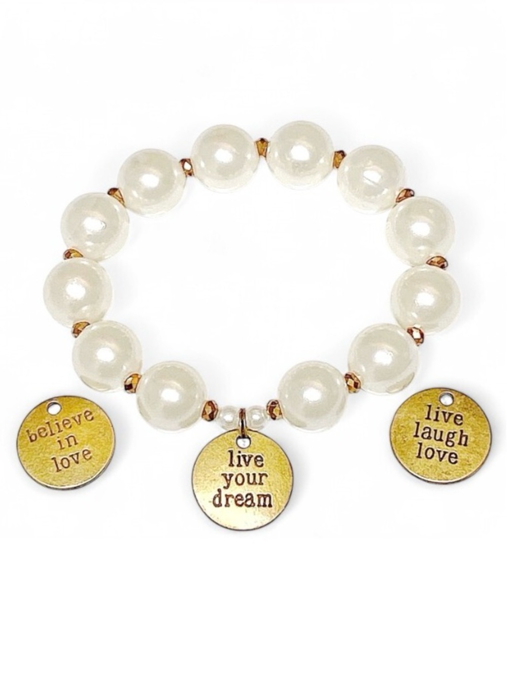 Handmade Pearl Bronze Crystal Word Charm Bracelet Boho Inspirational Jewelry